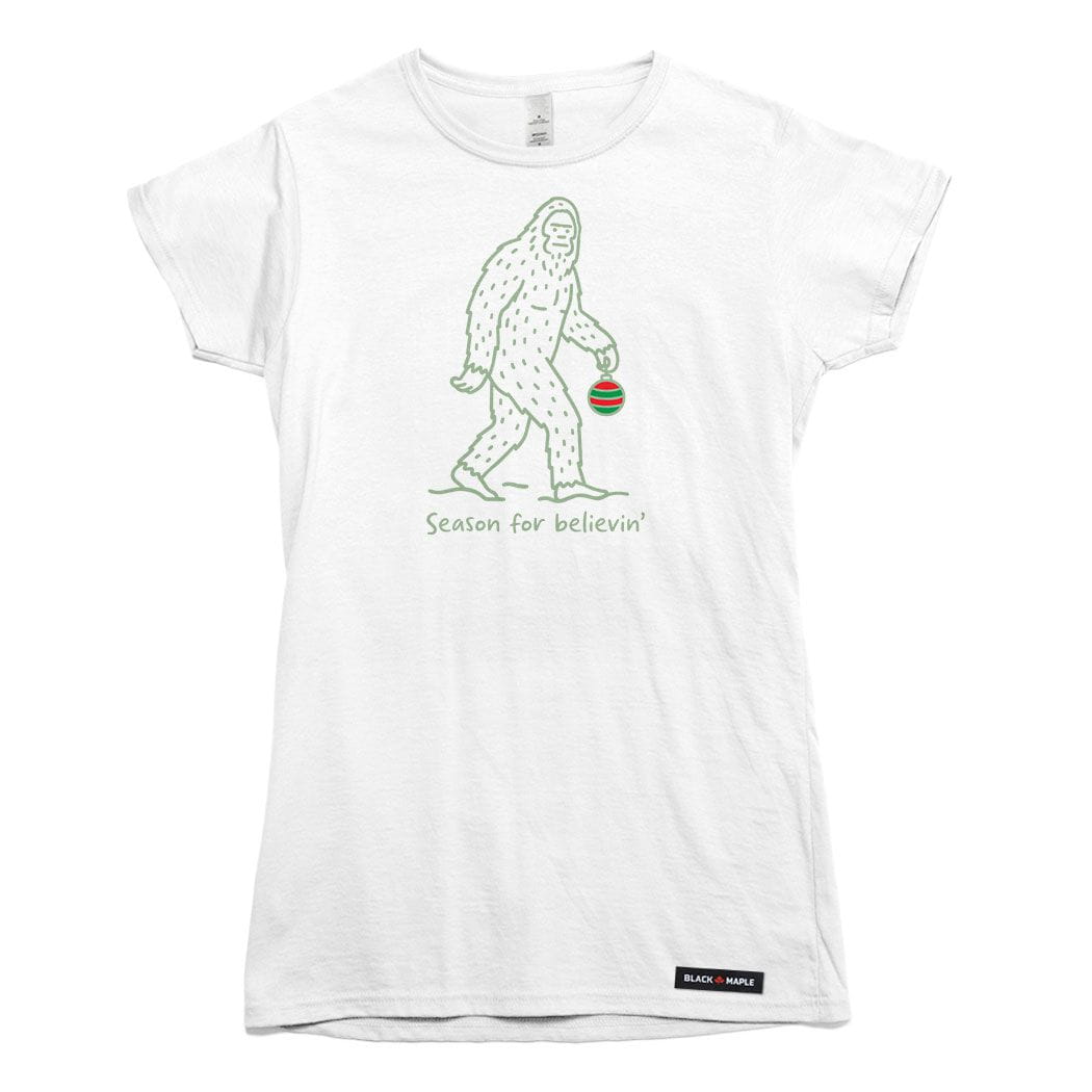 Season for Believin Christmas Sasquatch Womens T-shirt