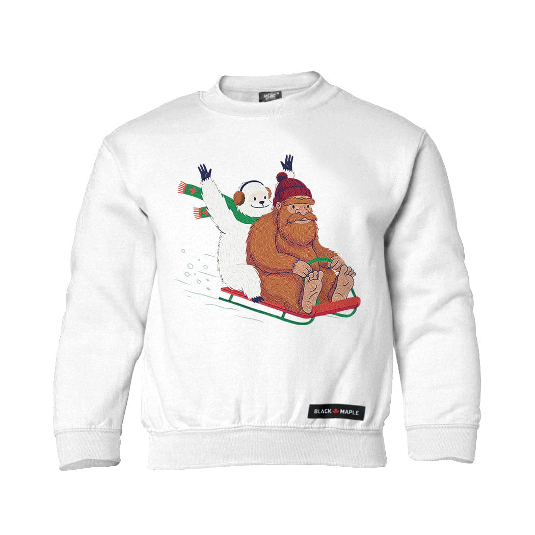 Yeti and Bigfoot Sledding Youth Crewneck Sweatshirt
