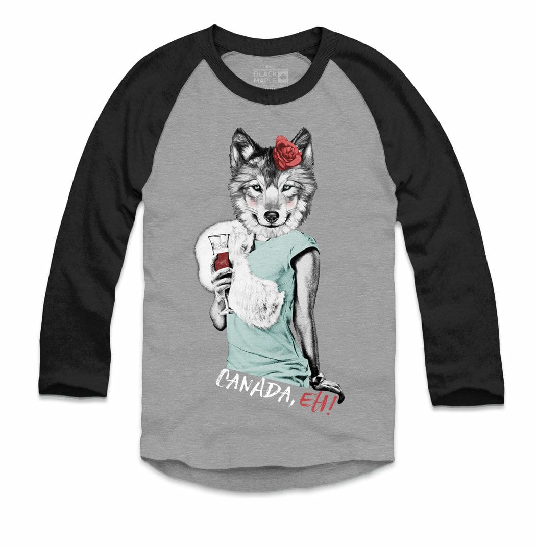 Lady Wolf with Wine Vintage Gray with Black Crewneck Raglan