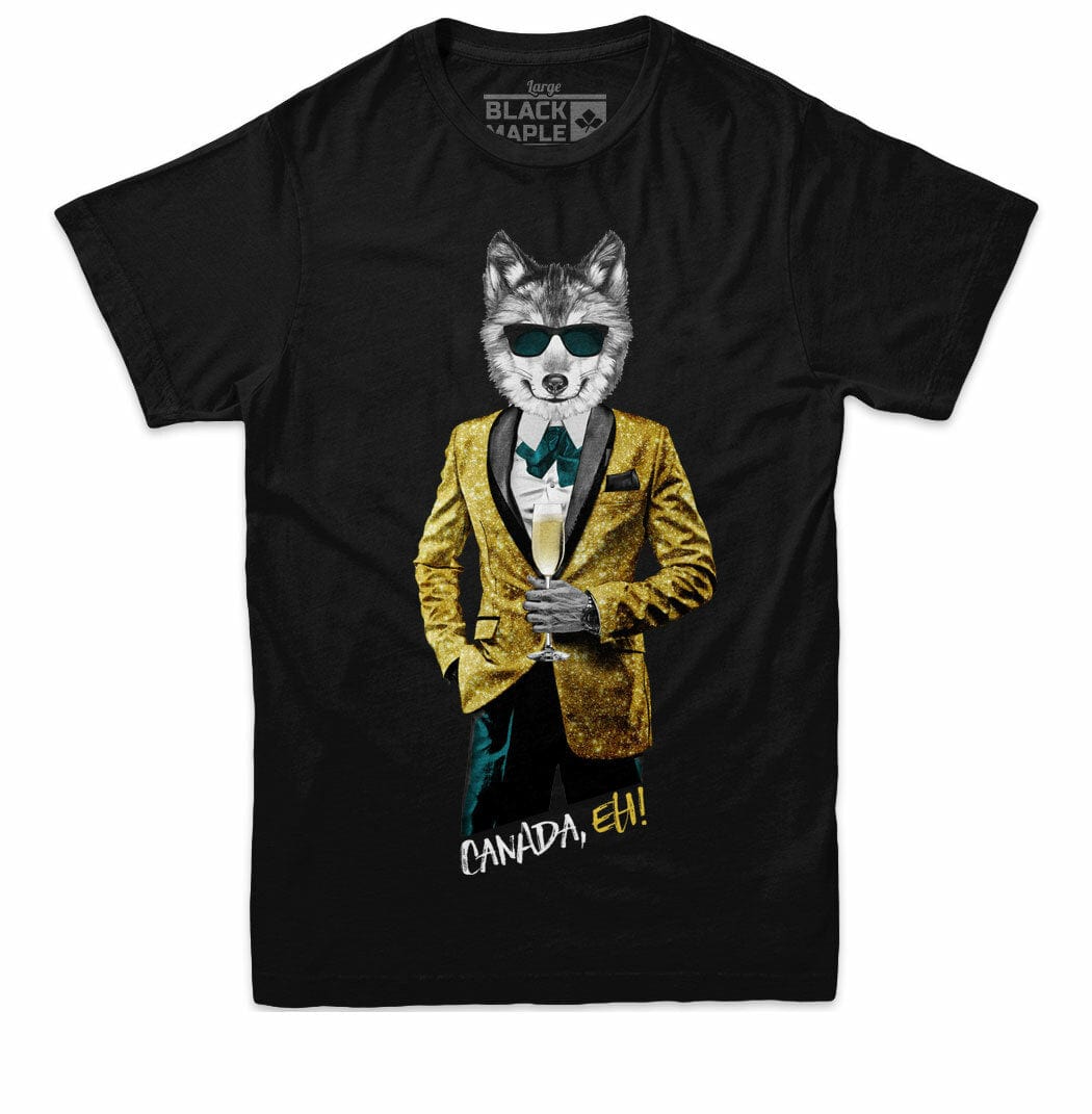 Tuxedo Wolf with Champagne Mens Black T-shirt