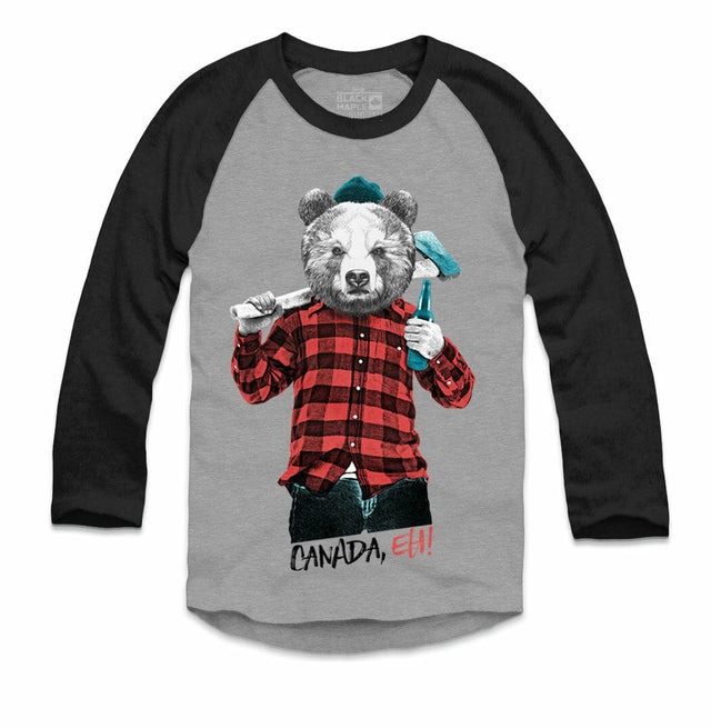 Lumberjack Bear with Beer Raglan - Athletic Gray with Black