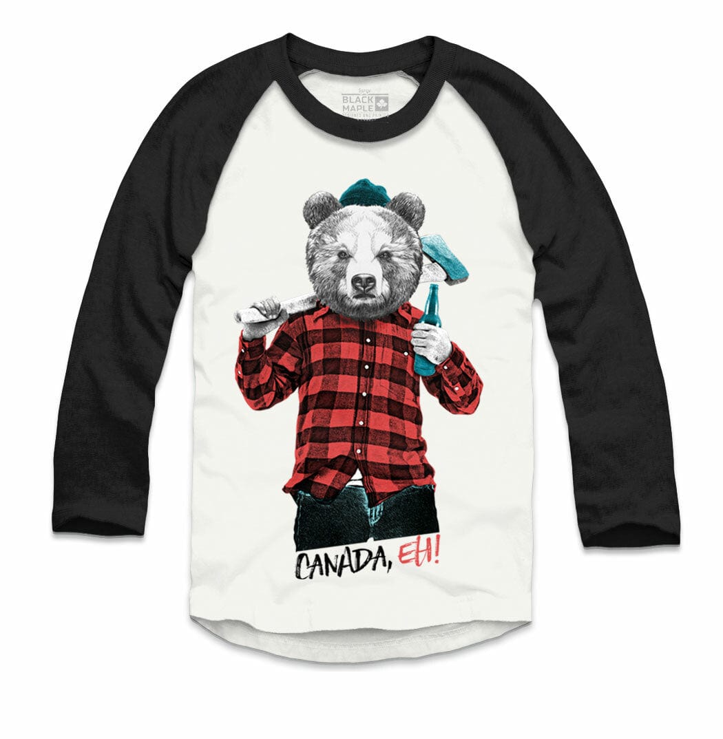 Lumberjack Bear with Beer Raglan- White with Black