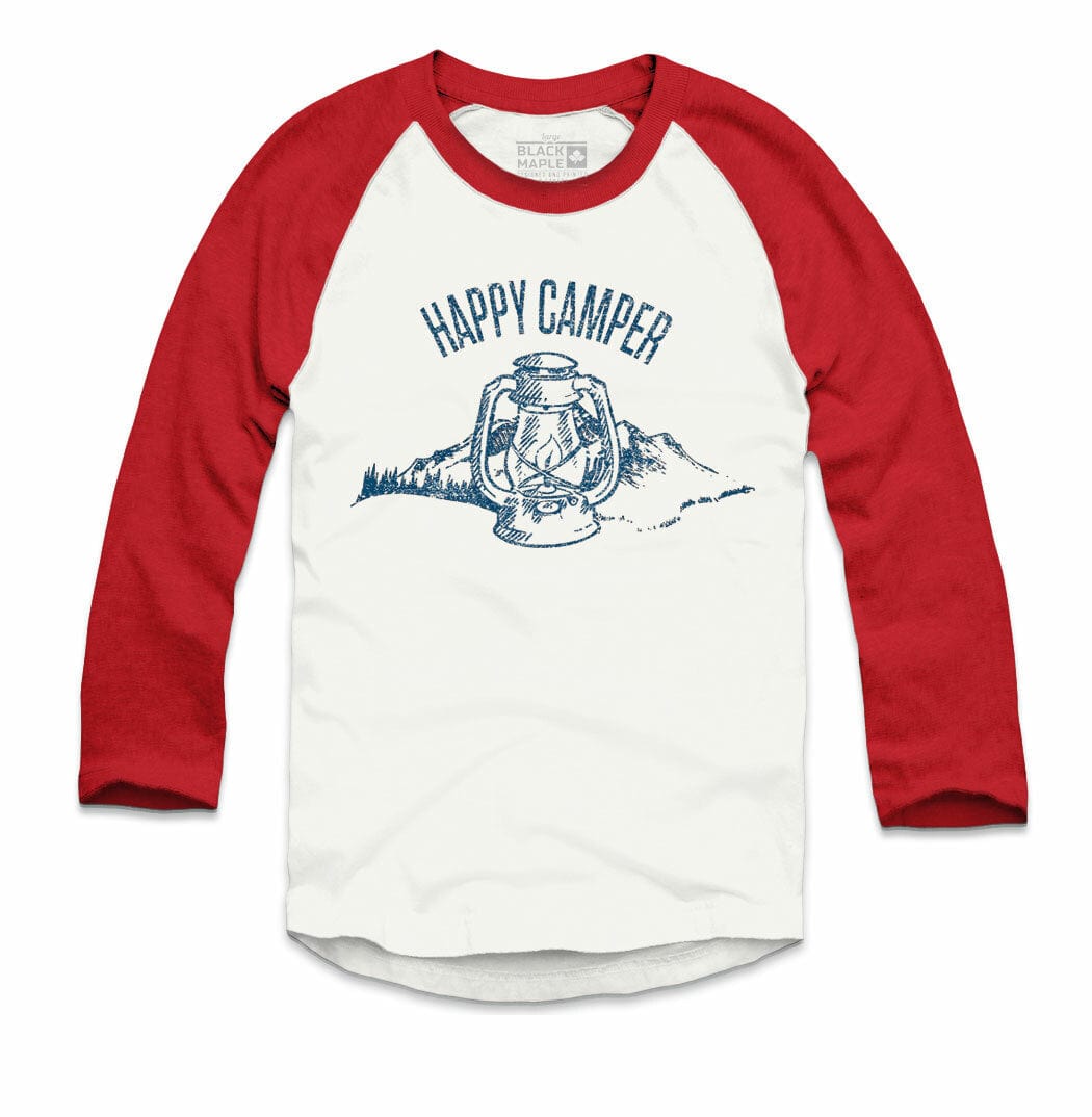 Happy Camper White with Red Raglan Baseball Shirt