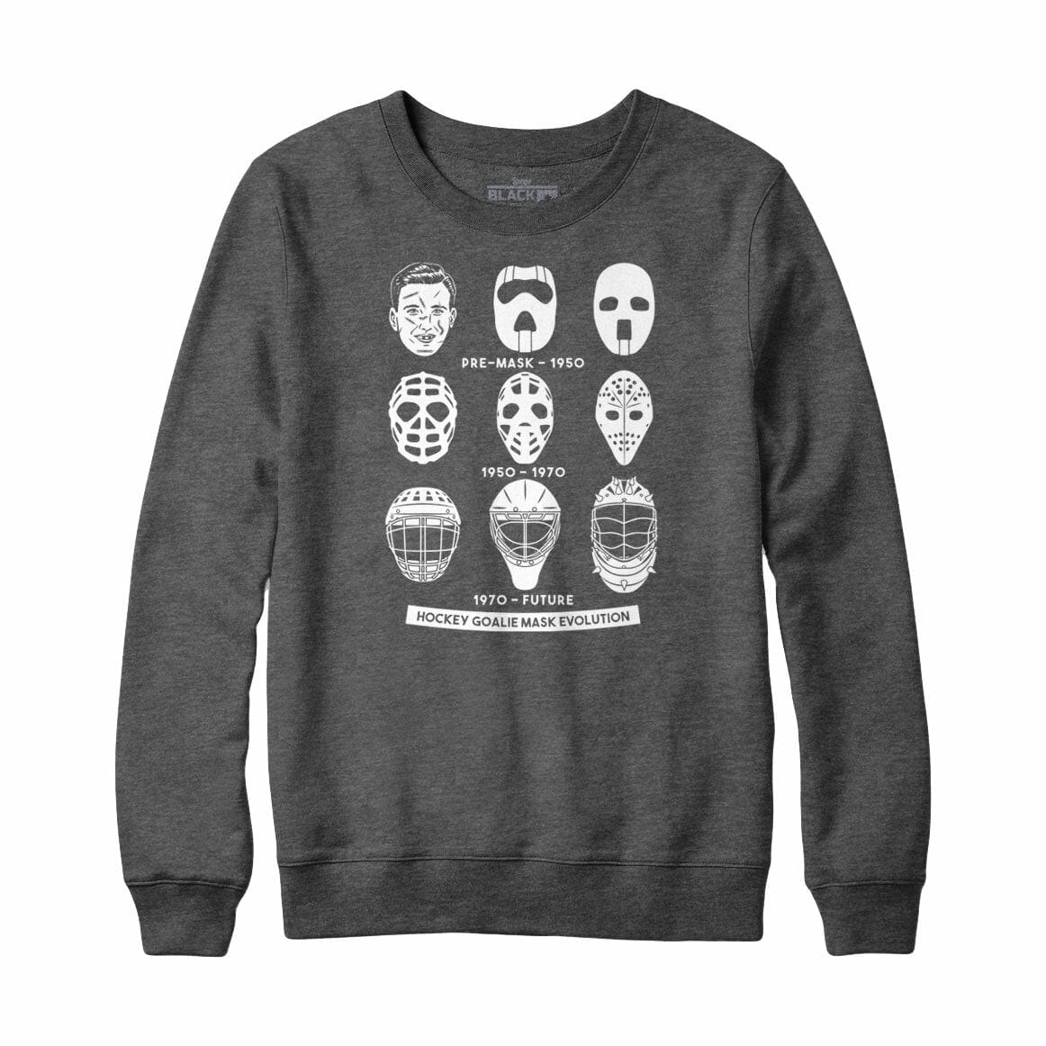 Hockey Goalie Mask Evolution Crewneck Sweatshirt Charcoal Heather