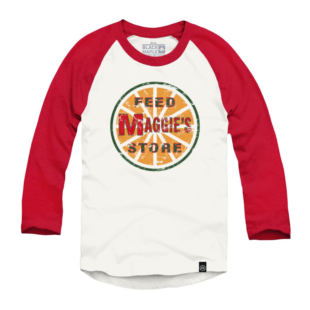 Maggies Feed Store Distressed Logo Raglan