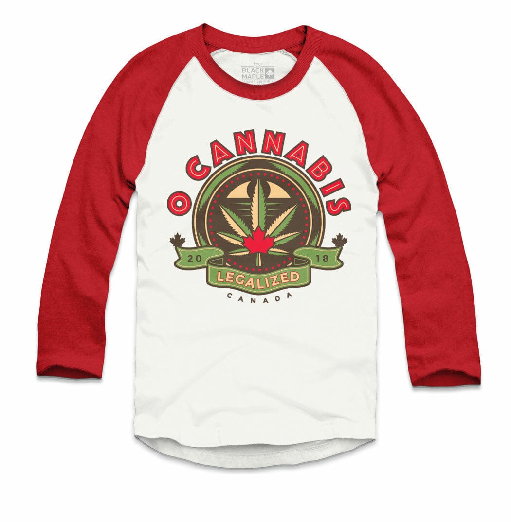 O Cannabis Legalized 2018 White with Red Raglan Baseball Shirt