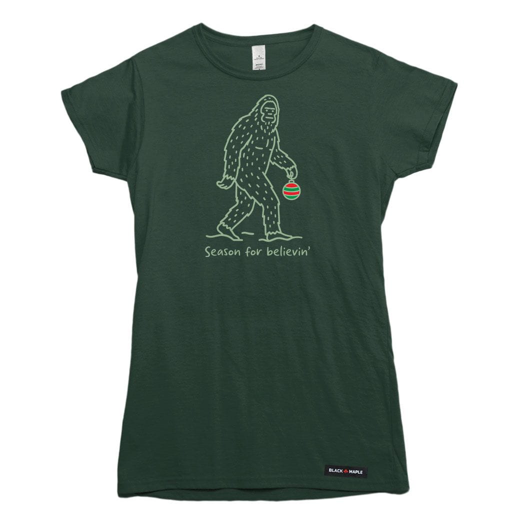 Season for Believin Christmas Sasquatch Womens T-shirt