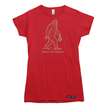 Season for Believin Christmas Sasquatch Womens T-shirt
