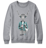 Hipster Deer with Latte Athletic Gray Crewneck Sweatshirt