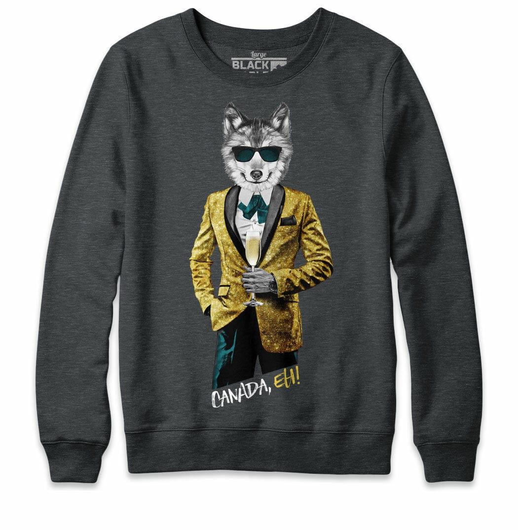 Tuxedo Wolf with Champagne Mens Crewneck Sweatshirt Black Maple Trading Co