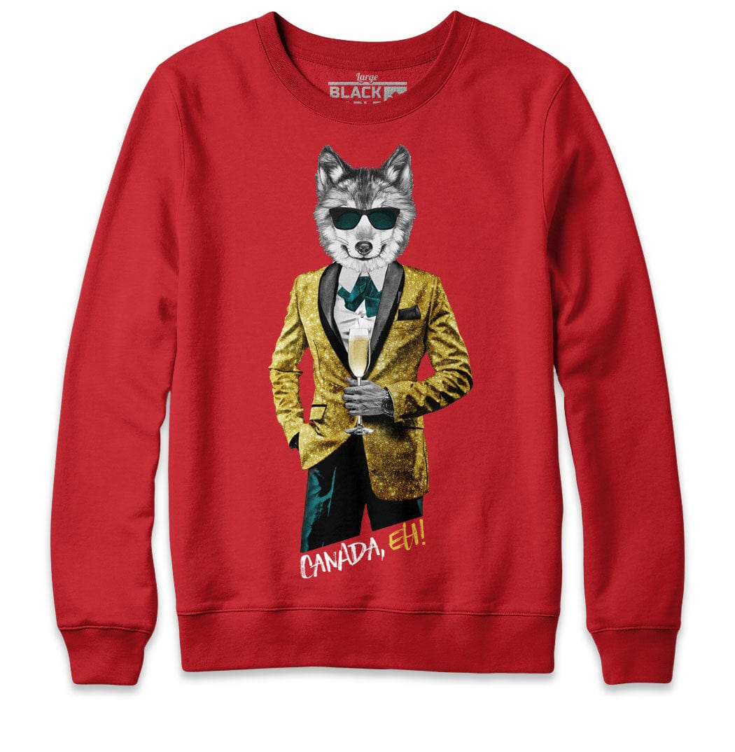 Tuxedo Wolf with Champagne Mens Red Crewneck Sweatshirt