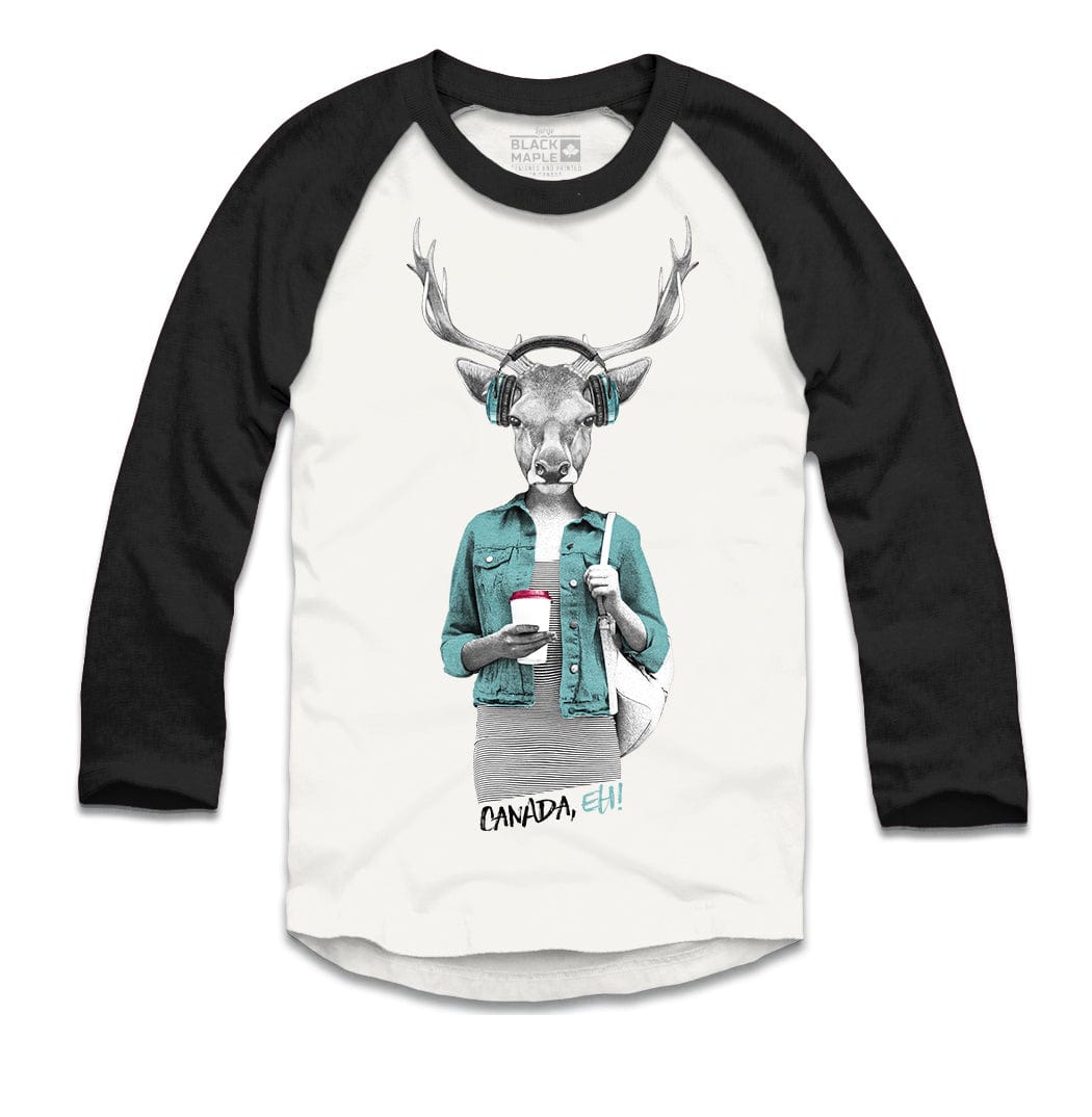 Hipster Deer with Latte White with Black Raglan