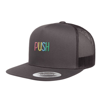 PUSH Colourful Embroidered Logo Flat Brim Trucker Hat